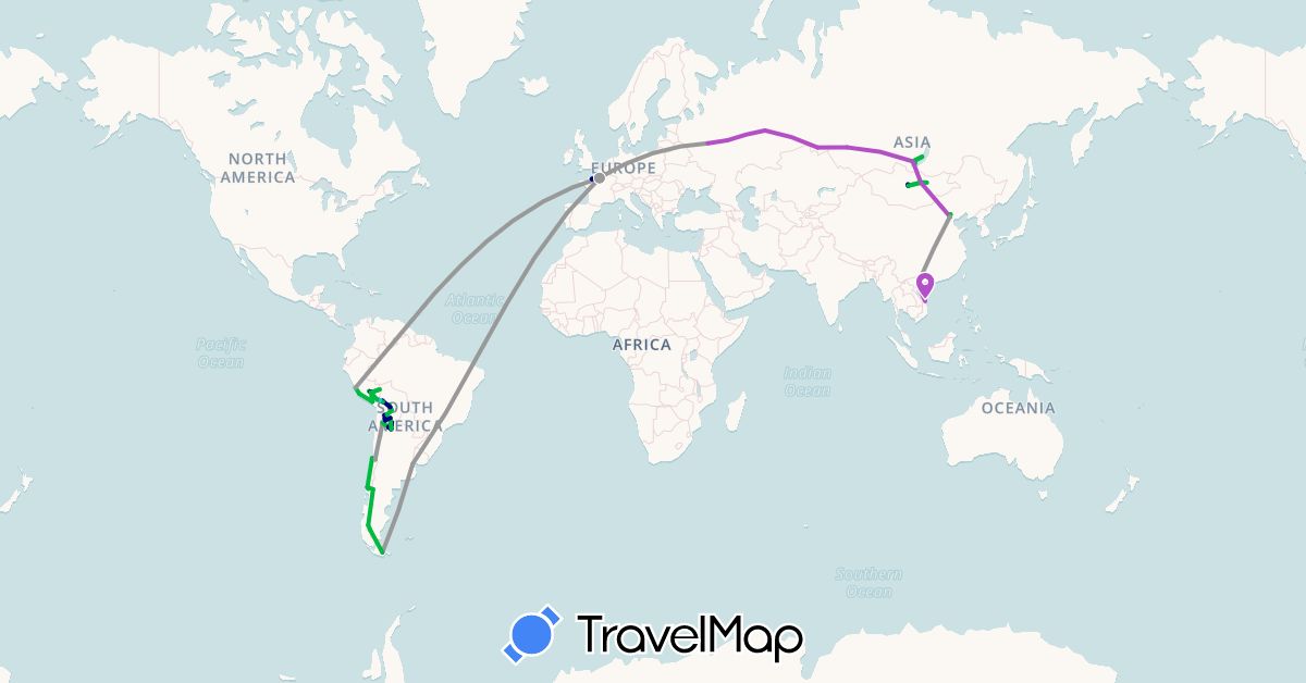 TravelMap itinerary: driving, bus, plane, train, hiking, boat in Argentina, Bolivia, Chile, China, France, Mongolia, Peru, Russia, Vietnam (Asia, Europe, South America)